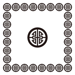 Black and white abstract circular symbols frame a large central design.