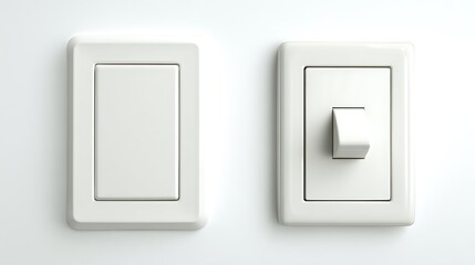 Two White Light Switches One Toggle On, One Toggle Off. Minimalist Design