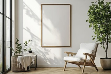 A room with a frame chair and plants in a bright setting