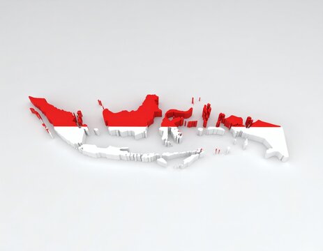 Geographical map of Indonesia rendered in 3D with the national flag's red and white colors.