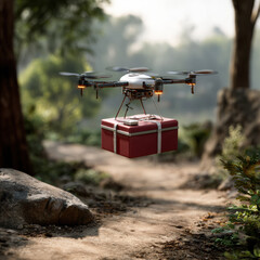  drone delivers a gift box over a forest path, showcasing modern technology in nature.