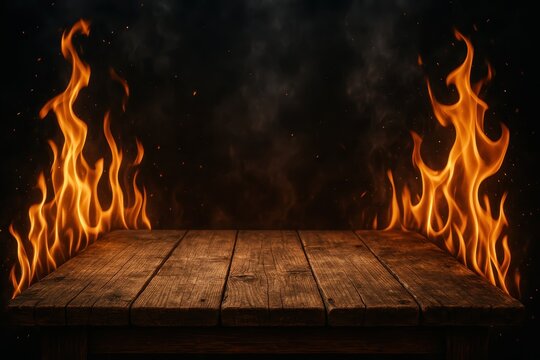 Dramatic wooden table with dancing flames and atmospheric smoke effects creating intense culinary presentation backdrop