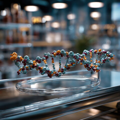 colorful DNA model displayed on a glass surface, emphasizing its intricate structure in a modern, illuminated setting.