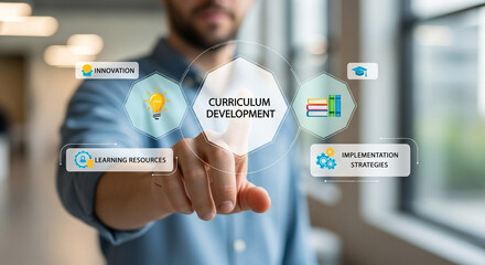 Man interacting with curriculum development interface on a digital screen with icons around it