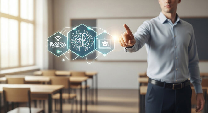 Man in classroom pointing at educational technology icons including wifi brain and graduation cap