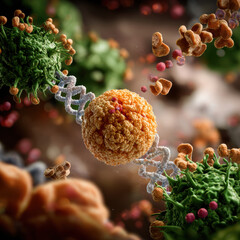  detailed microscopic view of cells, showcasing vibrant structures, including DNA strands, highlighting cellular interactions and biological complexity.