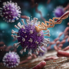 detailed illustration of a virus interacting with other bacteria, showcasing intricate structures and vibrant colors, representative of microscopic life.