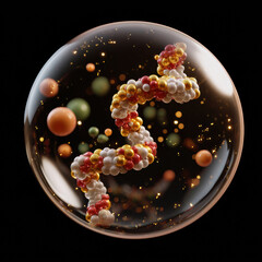 colorful, abstract representation of a DNA double helix surrounded by particles, illustrating concepts of genetics and molecular biology.