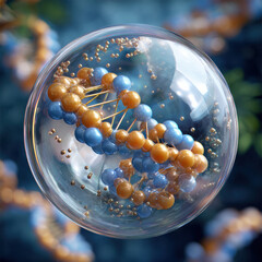stunning molecular structure is encapsulated within a transparent sphere, showcasing intricate DNA formations and vibrant colors.