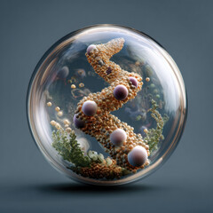  visually striking 3D representation of a spiraling structure composed of various organic shapes and spheres, encapsulated within a translucent sphere.