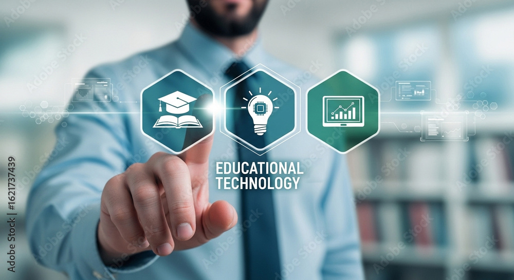Aufkleber man pointing at educational technology icons representing knowledge innovation and data analysis