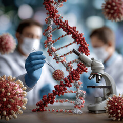  scientific scene depicting researchers studying DNA and viruses, highlighting molecular biology and laboratory techniques.