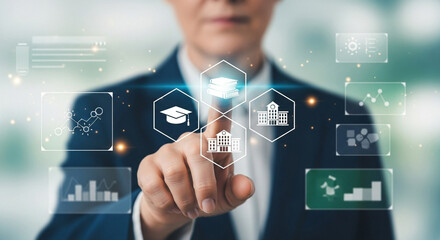 Man interacting with education icons on a digital interface in a futuristic environment setting