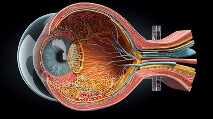 3D rendering of a human eye cross-section with transparent elements