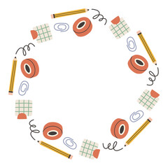 Simple school circle frame. Round school themed border made of different school objects. Soft pastel colors back to school hand drawn vector banner isolated on white background.