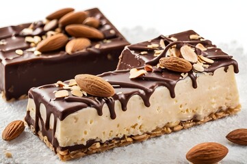 vanilla covered with chocolate and almonds. isolated over white.