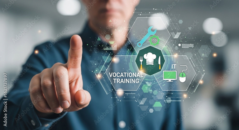 Poster man pointing at vocational training icons representing different career paths in a digital interface