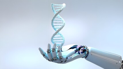 Robot android hand holding cyber DNA. 3D illustration 