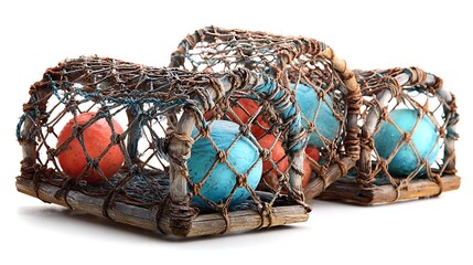 Two woven wooden crab traps containing colorful spheres on a clean white backdrop