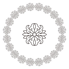 Abstract black line art forms a decorative flower mandala with a round border.