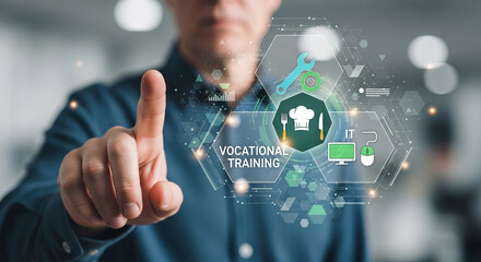 Man pointing at vocational training icons representing different career paths in a digital interface