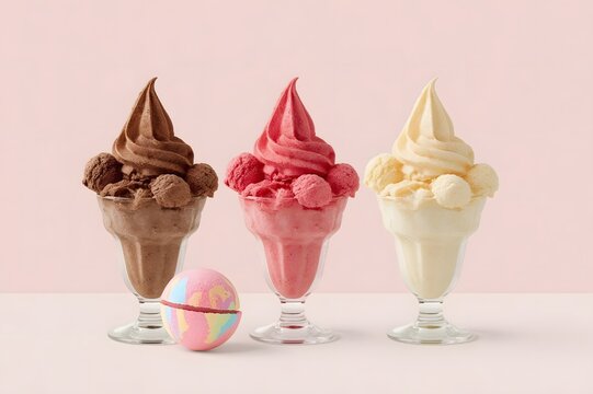 3 sundae ice cream in Brown, red, and multi bubble gum, and a screwball