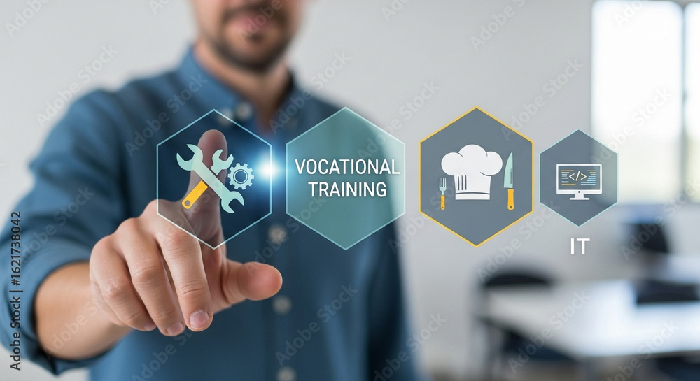 Poster man interacting with vocational training interface showing mechanics cooking and information technol
