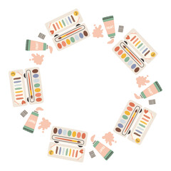 Simple school circle frame. Round school themed border made of different school objects. Soft pastel colors back to school hand drawn vector banner isolated on white background.