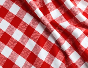 Naklejka premium A classic red and white checkered tablecloth with draped folds. Rustic plaid fabric texture creates a traditional background for picnics or dining.