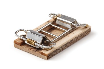 Unset Mouse Trap with Metal Trigger Mechanism on a Wooden Base, CloseUp