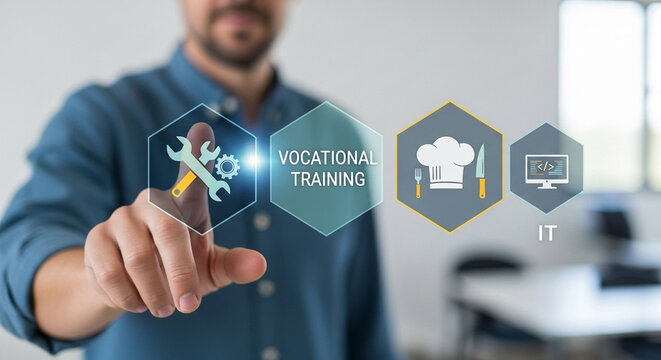 Man interacting with vocational training interface showing mechanics cooking and information technology