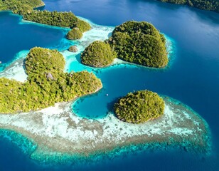 Aerial drone view of a stunning tropical archipelago with lush jungle islands surrounded by turquoise sea and coral reefs.