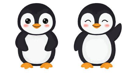 Fototapeta premium Adorable cartoon penguins waving and smiling with cute chubby bodies and big expressive eyes in a friendly greeting illustration perfect for children's books and playful designs