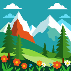 Mountain with wildflowers and pine trees vector landscape background.