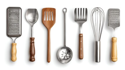 Variety of Kitchen Utensils Wooden & Metal Spatulas, Ladle, Whisk, and Grater