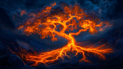 Fototapeta premium Digital painting of a fiery tree with glowing orange roots against a dark blue background.