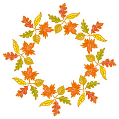Fototapeta premium Round frame, wreath with bright autumn leaves. Hand drawn frame in outline doodle style.