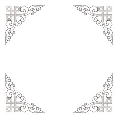 Traditional ornamental corner elements with swirl patterns create a beautiful frame.