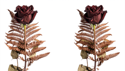 Elegant deep red rose paired with dried fern evokes vintage romance and natural beauty