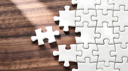 Solving and completing the task. The correct solution. Putting last jigsaw puzzle piece. Assembling white jigsaw puzzle pieces.