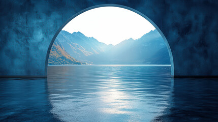 Blue abstract landscape of mountains and lake seen through artistic archway, PNG, isolated on transparent background.