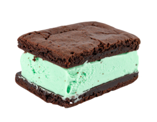 Indulge in a rich chocolate brownie ice cream sandwich with refreshing mint flavor