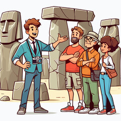 Tour Guide Explains Moai and Stonehenge to Tourists Group