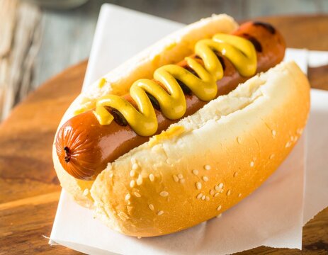 Close-up of a perfectly grilled Frankfurter sausage on a bun with mustard, cinematic, full HD, sharp focus, best quality commercial photography.