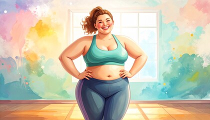 Body confident woman embracing her body, expressing self-love and self-acceptance. Young plus-size woman standing in a studio in fitness clothing, embracing her natural physique with joy.