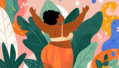 Body confident woman embracing her body, expressing self-love and self-acceptance. Young plus-size woman standing in a studio in fitness clothing, embracing her natural physique with joy.