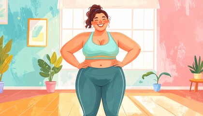 Body confident woman embracing her body, expressing self-love and self-acceptance. Young plus-size woman standing in a studio in fitness clothing, embracing her natural physique with joy.