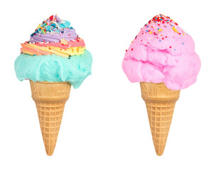 Enjoy vibrant rainbow and pastel ice cream cones piled high with colorful sprinkles for a sweet treat