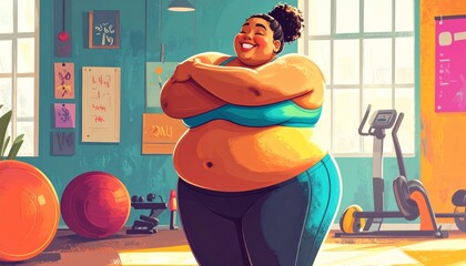 Body confident woman embracing her body, expressing self-love and self-acceptance. Young plus-size woman standing in a studio in fitness clothing, embracing her natural physique with joy.