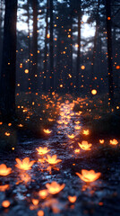 Obraz premium Glowing paper boats floating on a stream in a dark forest.